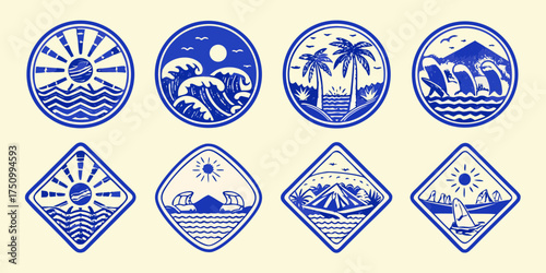 Collection of eight blue and white retro style ocean and tropical island themed emblems