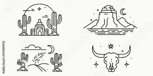 Set of southwestern desert landscape icons featuring cacti mountains moon stars and a bull skull