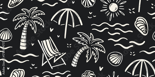 Whimsical hand drawn tropical beach vacation pattern with palm trees and sun