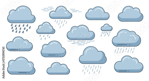 Collection of cartoon-style clouds with rain showers.