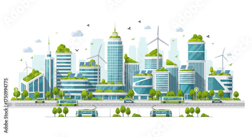 Vibrant Green City Skyline with Sustainable Buildings Wind Turbines and Electric Vehicles.