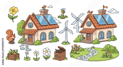 A colorful hand-drawn illustration set of eco-friendly houses with solar panels wind turbines and garden elements.