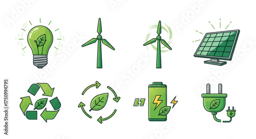 Collection of Green Eco-Friendly Energy Icons and Symbols.