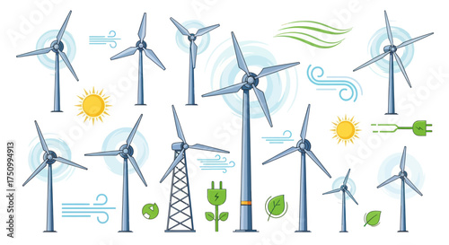 Collection of Wind Turbines and Renewable Energy Symbols.