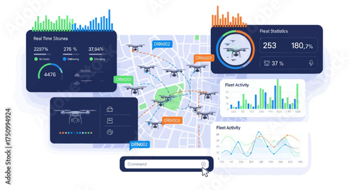 Drone Fleet Management Interface with Data Visualization and Location Tracking.