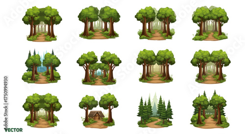 Collection of stylized forest scenes with trees and paths.