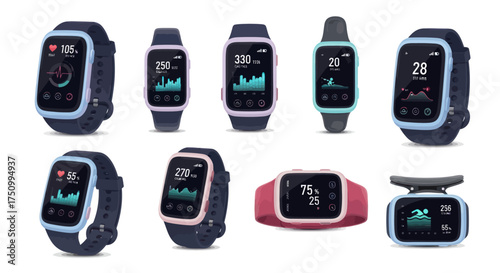 Assortment of Smartwatches Displaying Various Data on Their Screens.