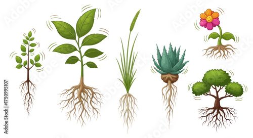 Diverse Plant Growth Stages with Root Systems.