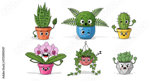 Six Adorable Cartoon Potted Plants with Expressive Faces and Arms.