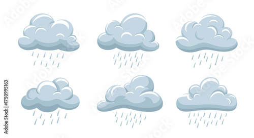 Cartoon Clouds with Rain Weather Icons Isolated on White.