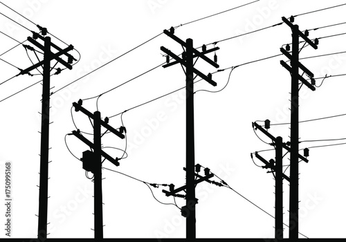 Electric power poles with transformers and cables, utility line silhouette illustration