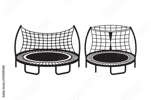 Two trampolines with safety enclosure nets side by side