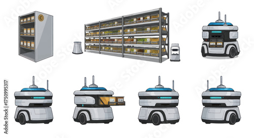 Automated Retail System: Shelving Units and Autonomous Mobile Robots for Inventory Management.