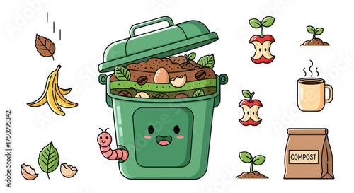 Cute Cartoon Compost Bin with Organic Waste and Growing Plants.