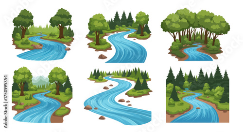 Cartoon Rivers Winding Through Lush Green Forests Illustration Set.