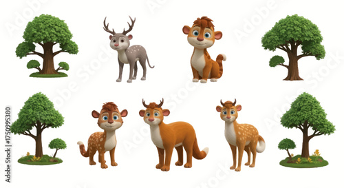 Cartoon Deer and Tree Collection: Adorable Animal and Plant Illustrations.
