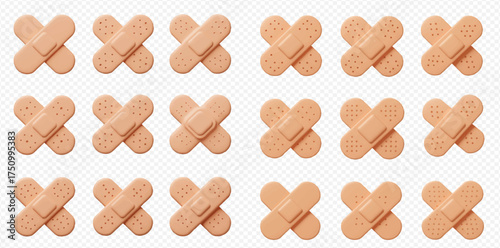 A pattern of adhesive bandages arranged on a white background.