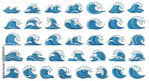Collection of Hand-Drawn Blue Ocean Waves with White Foam.