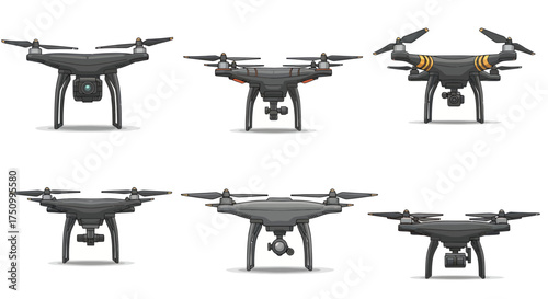 Collection of Various Black Quadcopter Drones with Cameras Modern Aerial Photography Technology.