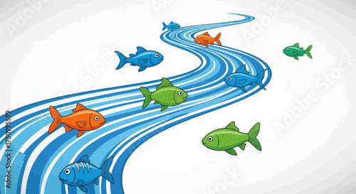 Colorful cartoon fish swimming in a winding blue river.