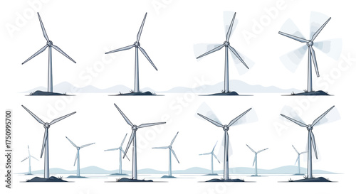 Collection of Modern Wind Turbines Generating Renewable Energy.