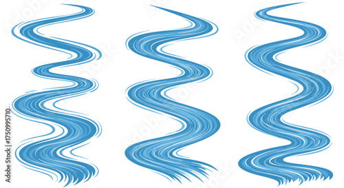 Three Wavy Blue Water Streams or Rivers Flowing Downward.