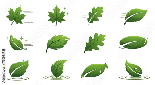 Collection of Green Leaf Icons with Water Droplets and Swirls.