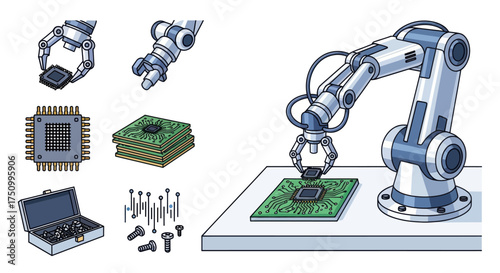 Industrial Robotic Arm Assembling Microchip on Circuit Board with Electronic Components.