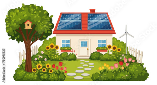 Cartoon House with Solar Panels Garden and Birdhouse.