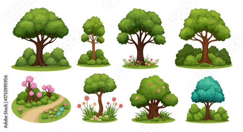 Collection of diverse cartoon trees and lush green foliage.