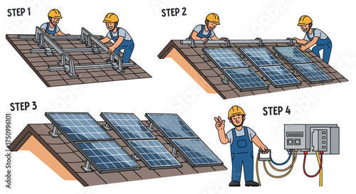 Step-by-step illustration of solar panel installation on a tiled roof.