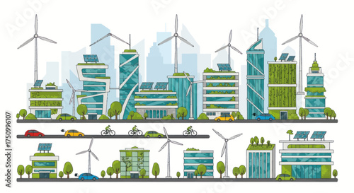 Sustainable Cityscape with Wind Turbines and Green Buildings.