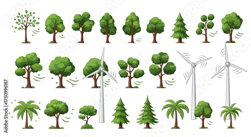 Collection of Diverse Green Trees and Wind Turbines Representing Nature and Sustainable Energy.