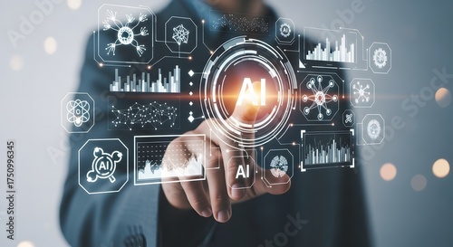 Futuristic Hand Pointing at Holographic AI Interface – Photorealistic Sci-Fi Technology Concept Art