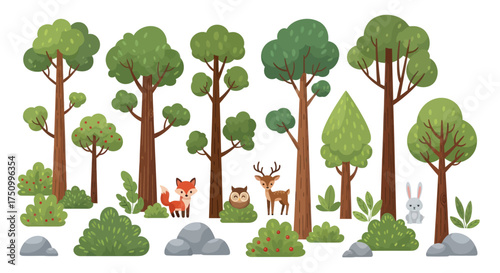 A charming collection of cartoon forest elements featuring cute woodland animals green trees and shrubs.