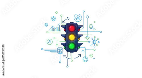 Futuristic Traffic Light with AI and Data Visualization Elements.