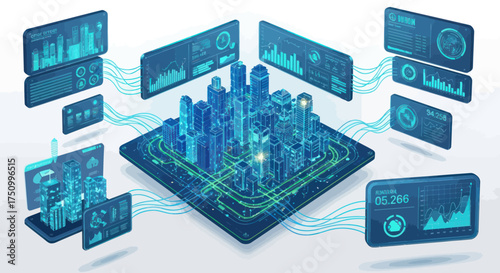 Futuristic smart city concept with holographic data visualization dashboards and digital interface.