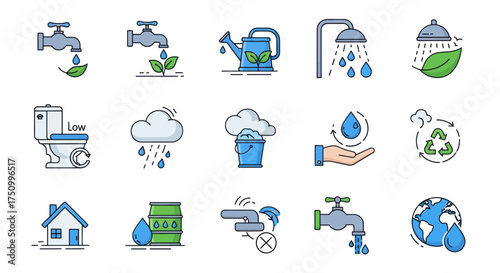 Collection of Water Conservation and Usage Icons.