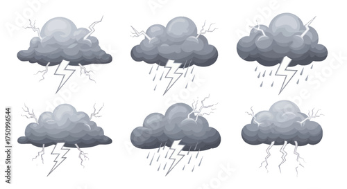 Set of Cartoon Storm Clouds with Lightning Strikes.