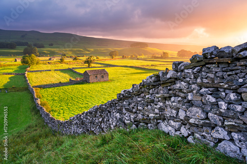 Dry stone wall with traditional barn in rural fields of The Yorkshire Dales National Park.