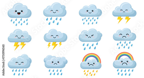 Collection of Cute Cartoon Clouds with Rain and Lightning Expressing Various Emotions.