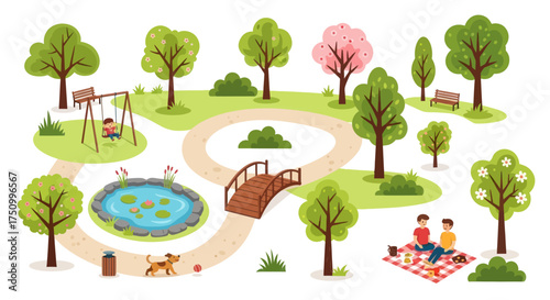 Lush Cartoon Park Scene with Pond Bridge Swings and Family Picnic.