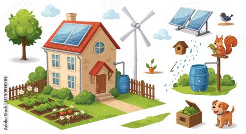 Eco-Friendly House with Solar Panels Wind Turbine Garden and Rainwater Harvesting System.