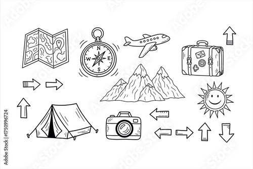 Hand drawn travel icons airplane map compass suitcase tent camera mountains sun vacation adventure
