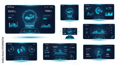 Set of futuristic heads-up display UI elements and digital dashboards with glowing blue data graphics.