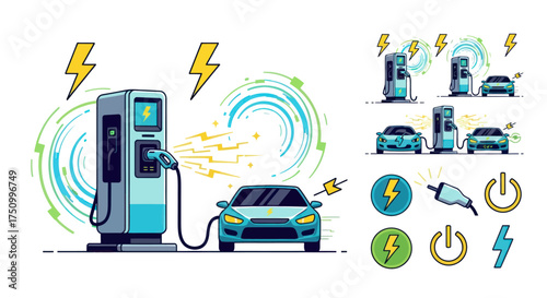 Electric Vehicle Charging Station with Car and Energy Symbols.