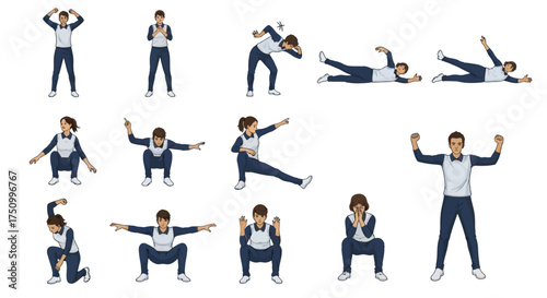 Series of Young Persons Exercise Poses in Uniform.