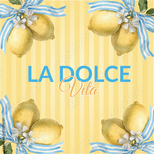 Watercolor lemon with blue ribbon illustration