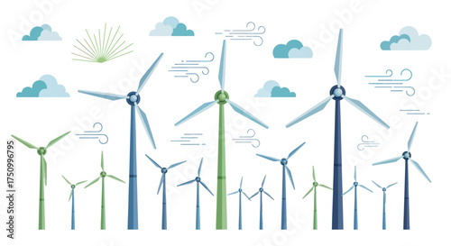 A collection of blue and green wind turbines with stylized clouds sun and wind icons for renewable energy concepts.