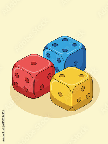 Isometric dice in red, yellow, and blue illustration